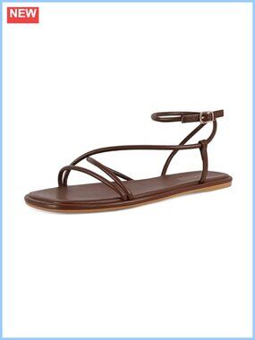 Strappy Flat Sandals Square Open Toe Faux Leather Ankle Strap Comfortable Beach